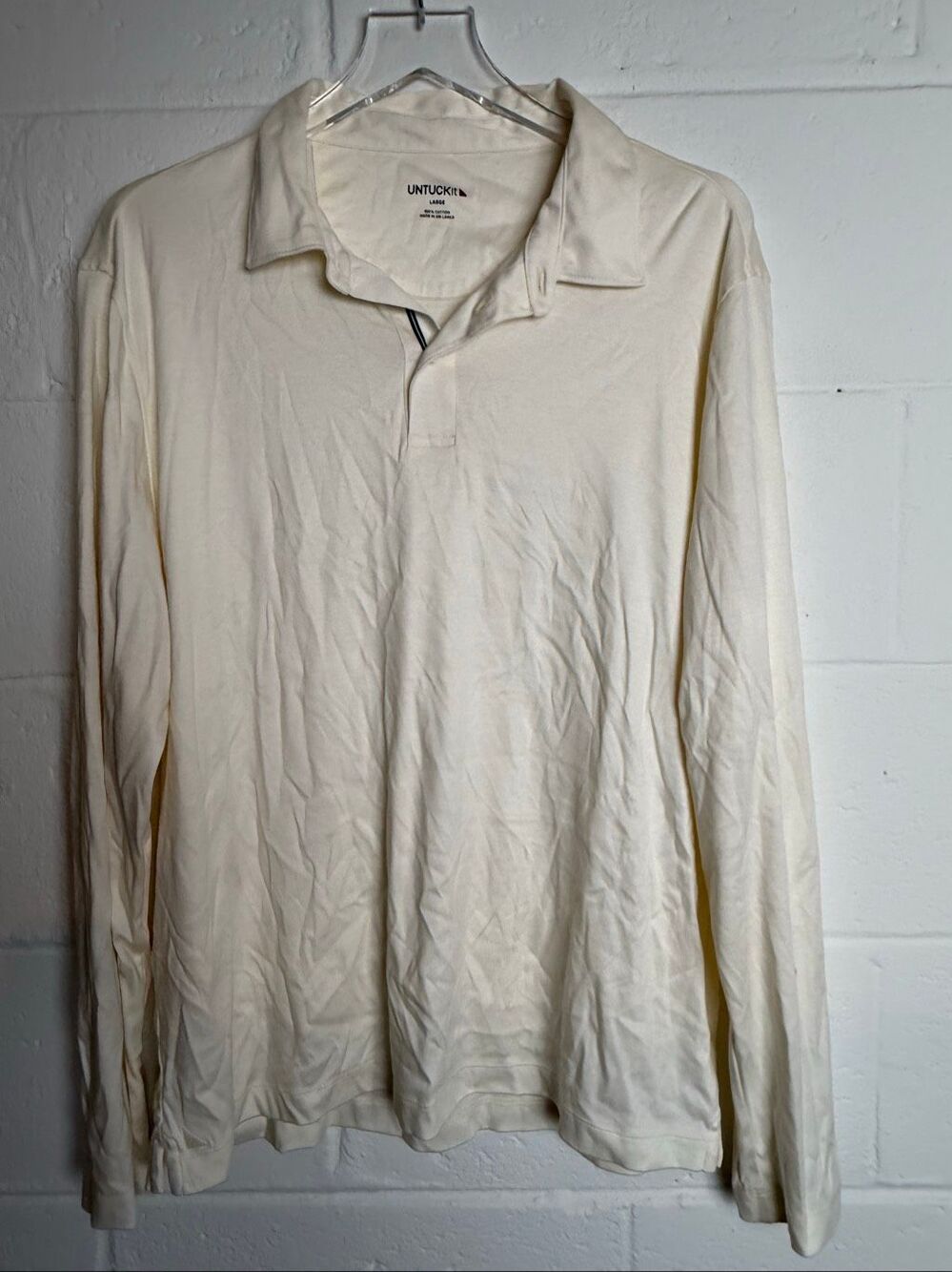 UNTUCKit Men’s Damascino Long Sleeve Polo Shirt Large White 100% Cotton